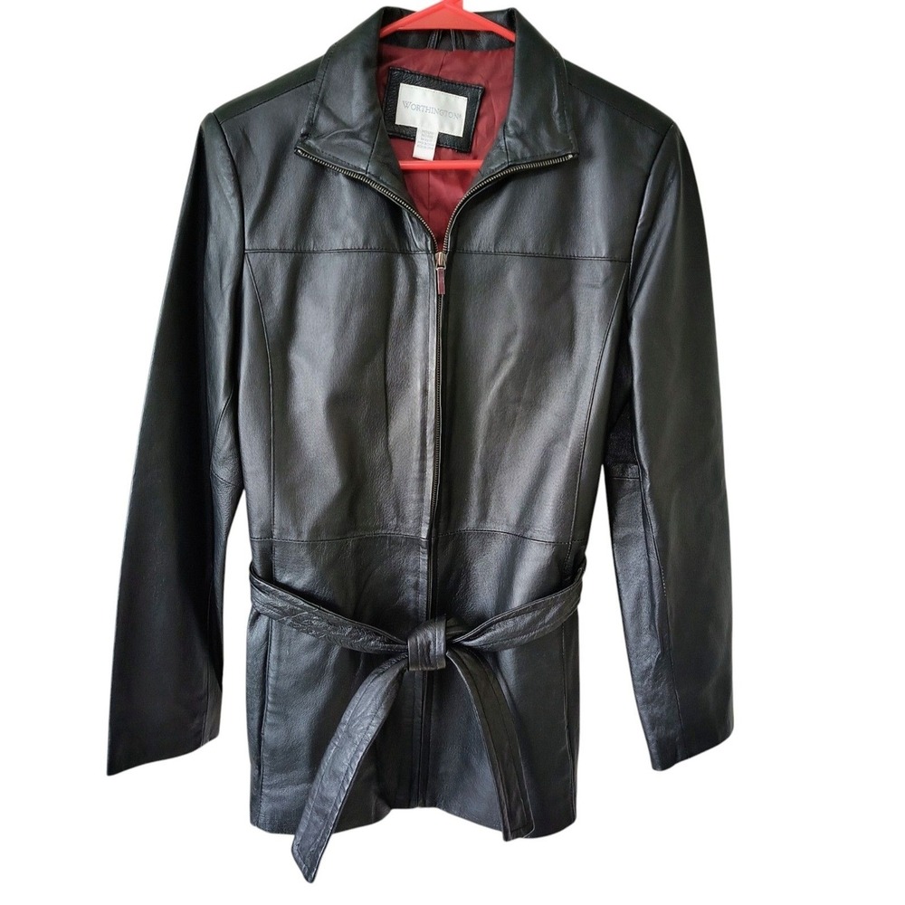 Worthington 100% Leather Coat Black Women's Sz M Tie Belt Zip Lined Spring Fall